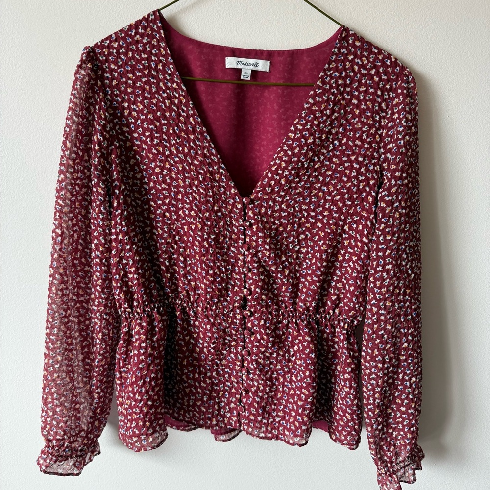 Madewell Red Ruched Long Sleeve Blouse